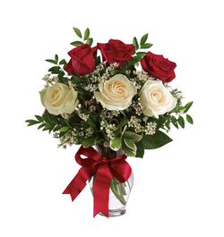 send 3 red roses and 3 white roses in a glass vase to dhaka, bangladesh