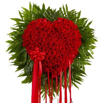 send hundred red roses elegant heart shaped big arrangement to dhaka, bangladesh