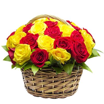 send 24 red and yellow roses in basket to dhaka, bangladesh