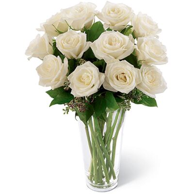 send 12 white roses in vase to dhaka