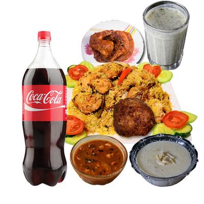 biryani with chicken roast,zali kabab,firney,chatni borhani and coke